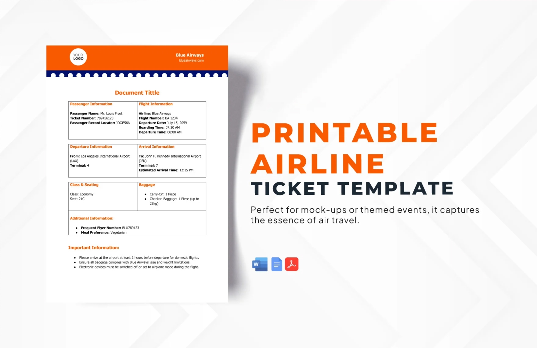 Printable Airline Ticket Template in Word, PDF, Google Docs - Download | Template.net