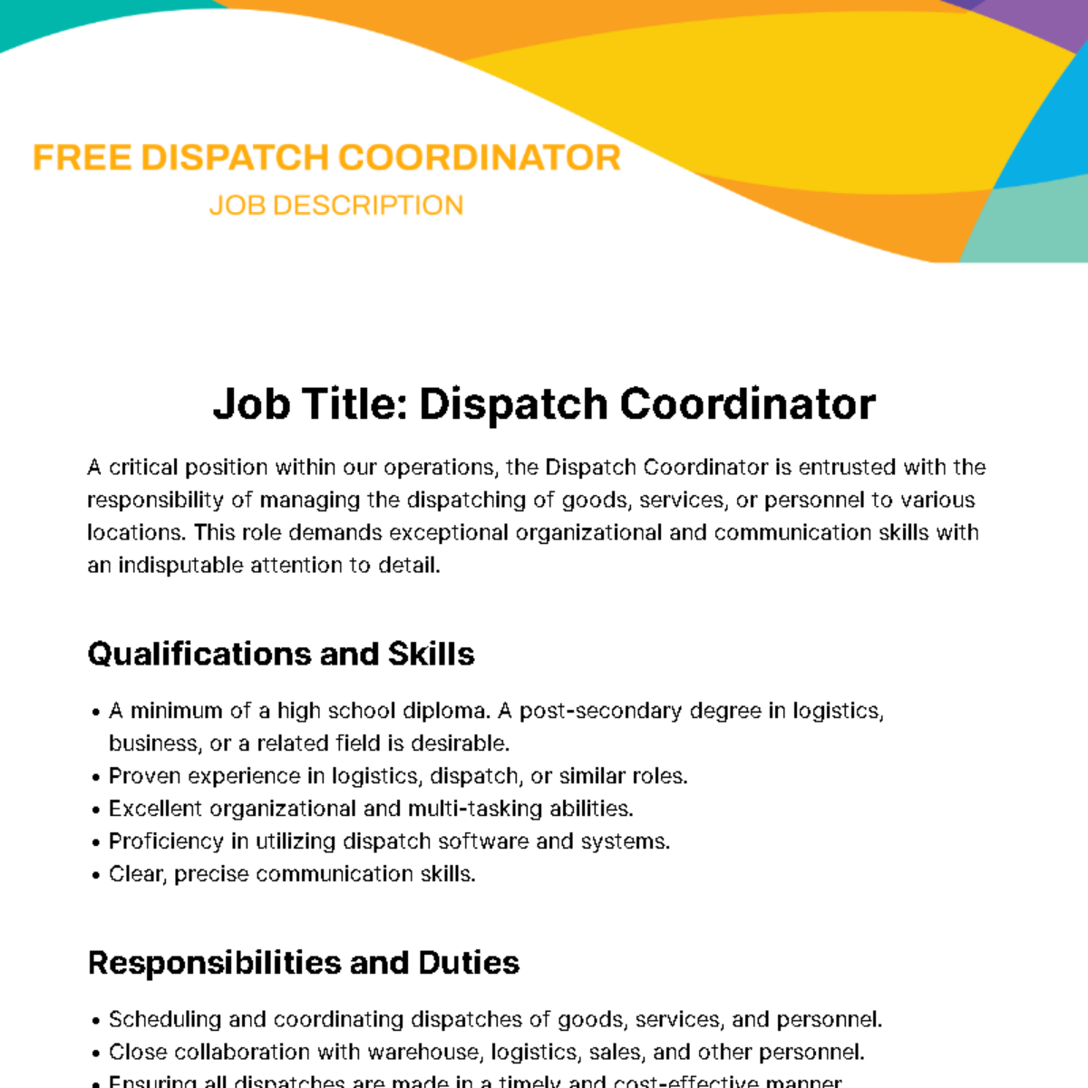 Dispatch Coordinator Job Description Template