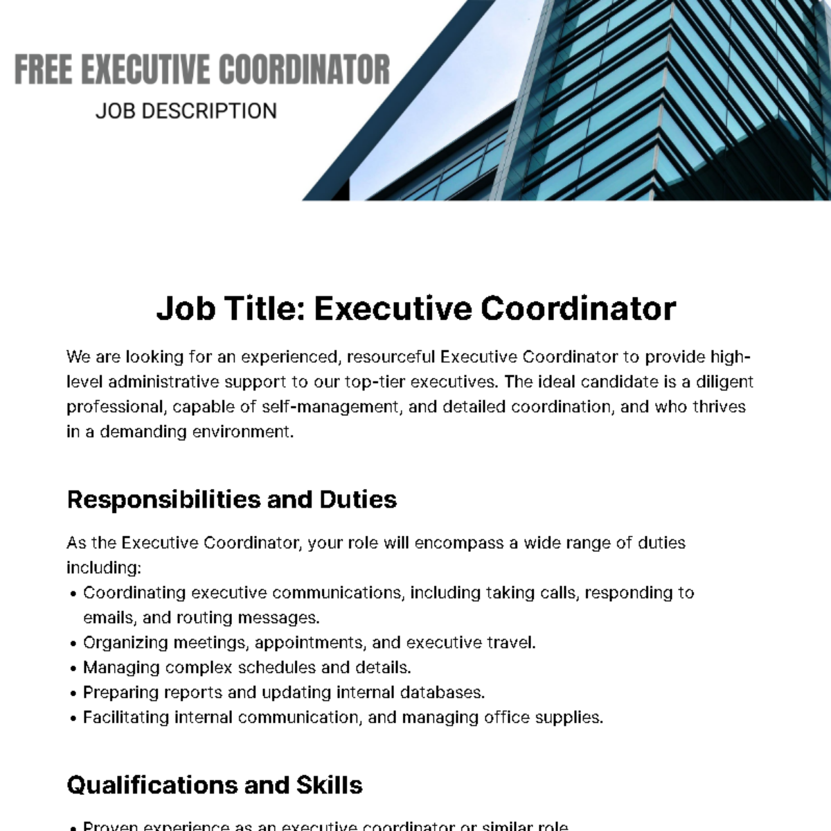 Free Executive Coordinator Job Description Template To Edit Online
