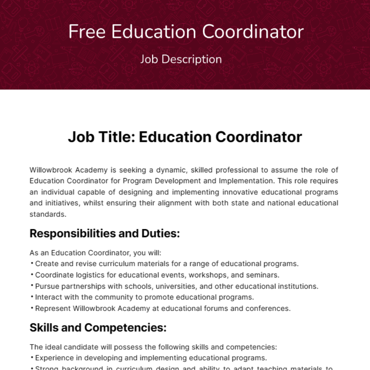 Education Coordinator Job Description Template