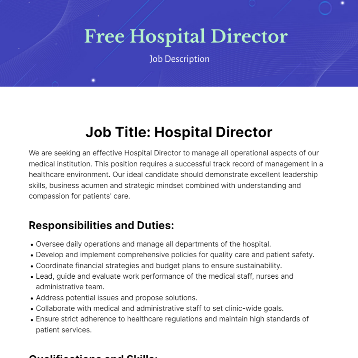 Hospital Director Job Description Template