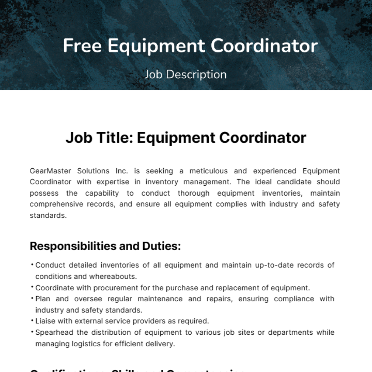 Equipment Coordinator Job Description Template