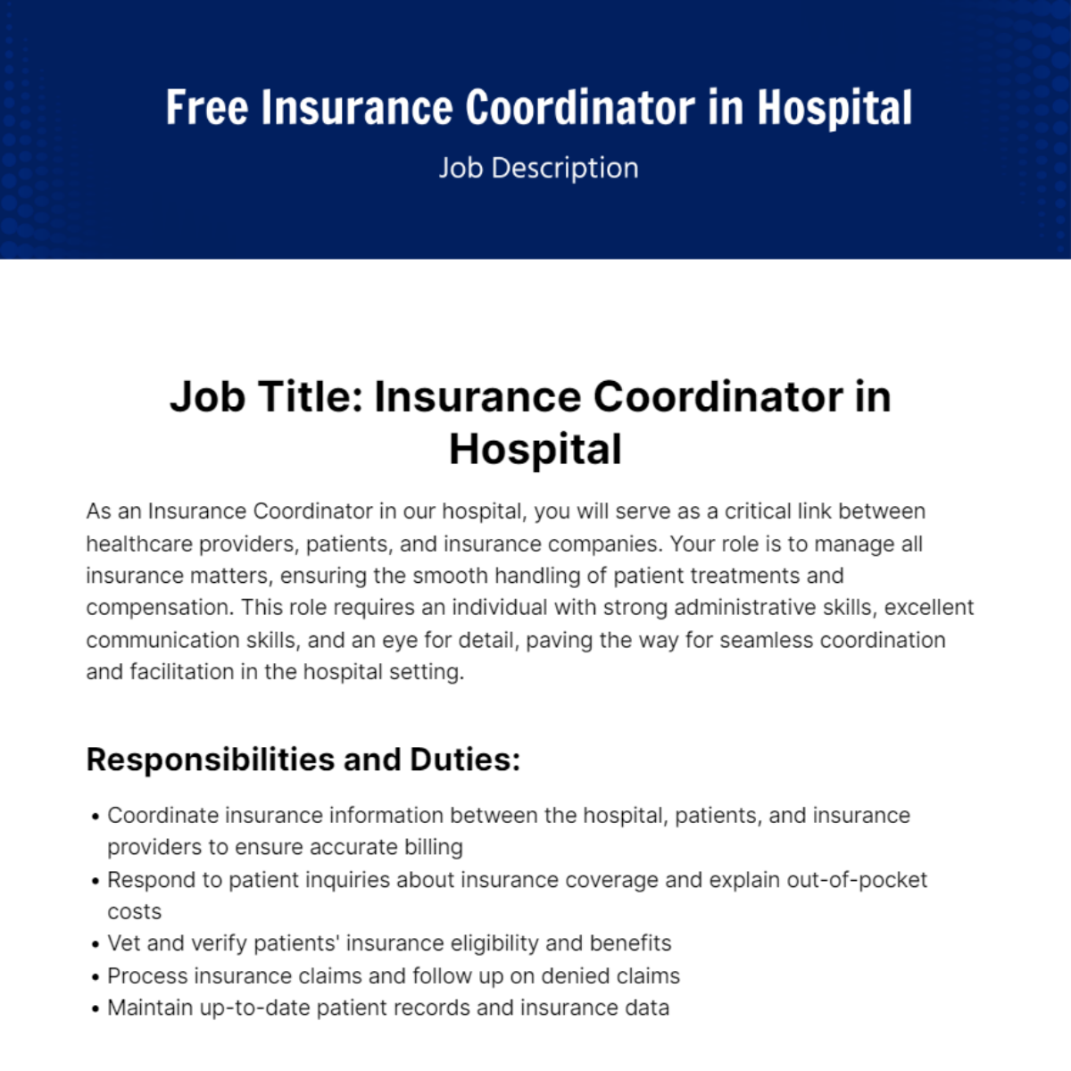 Insurance Coordinator in Hospital Job Description Template