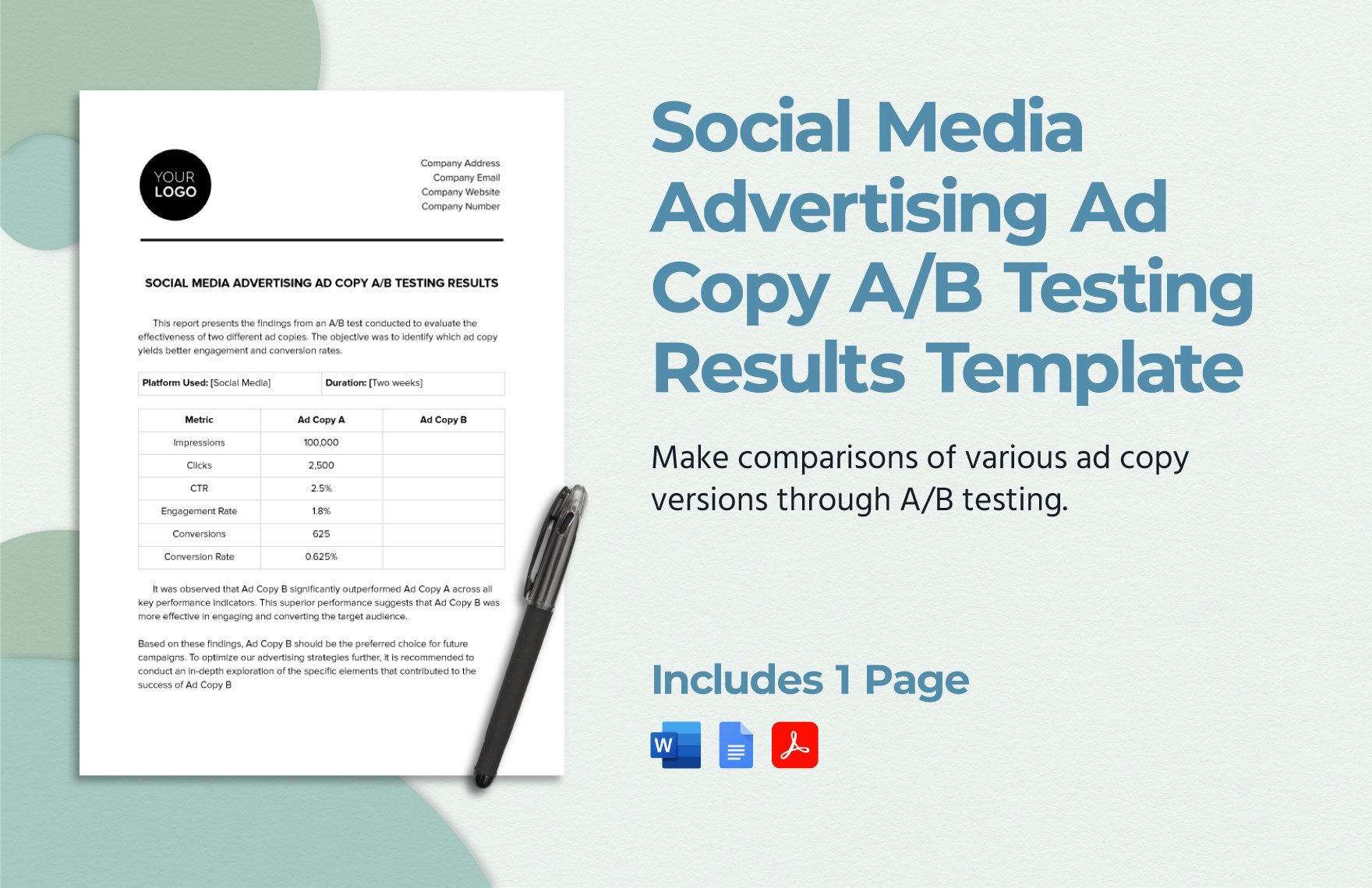Social Media Advertising Ad Copy A/B Testing Results Template in Word, Google Docs, PDF