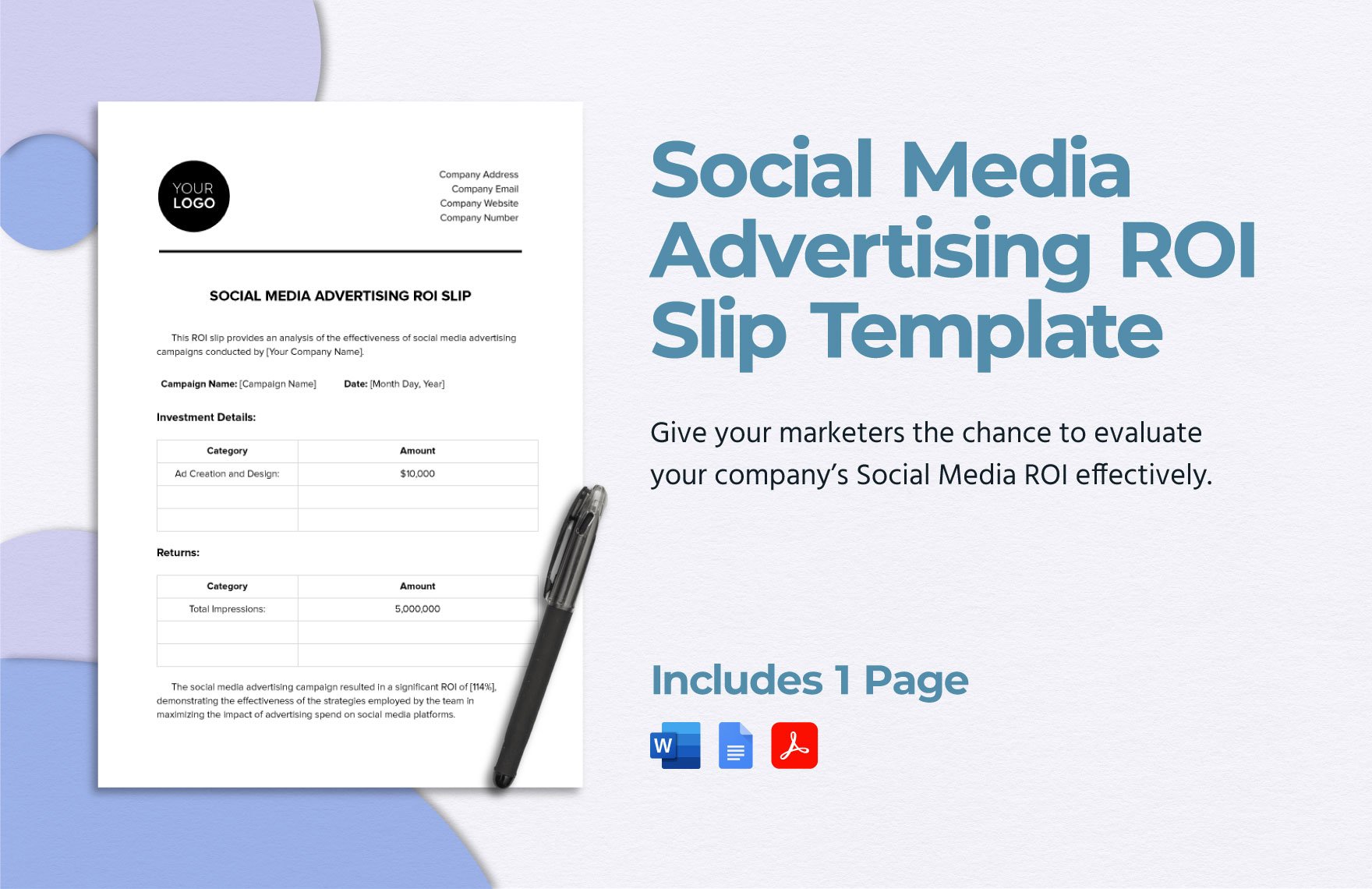 Social Media Advertising ROI Slip Template in Word, Google Docs, PDF