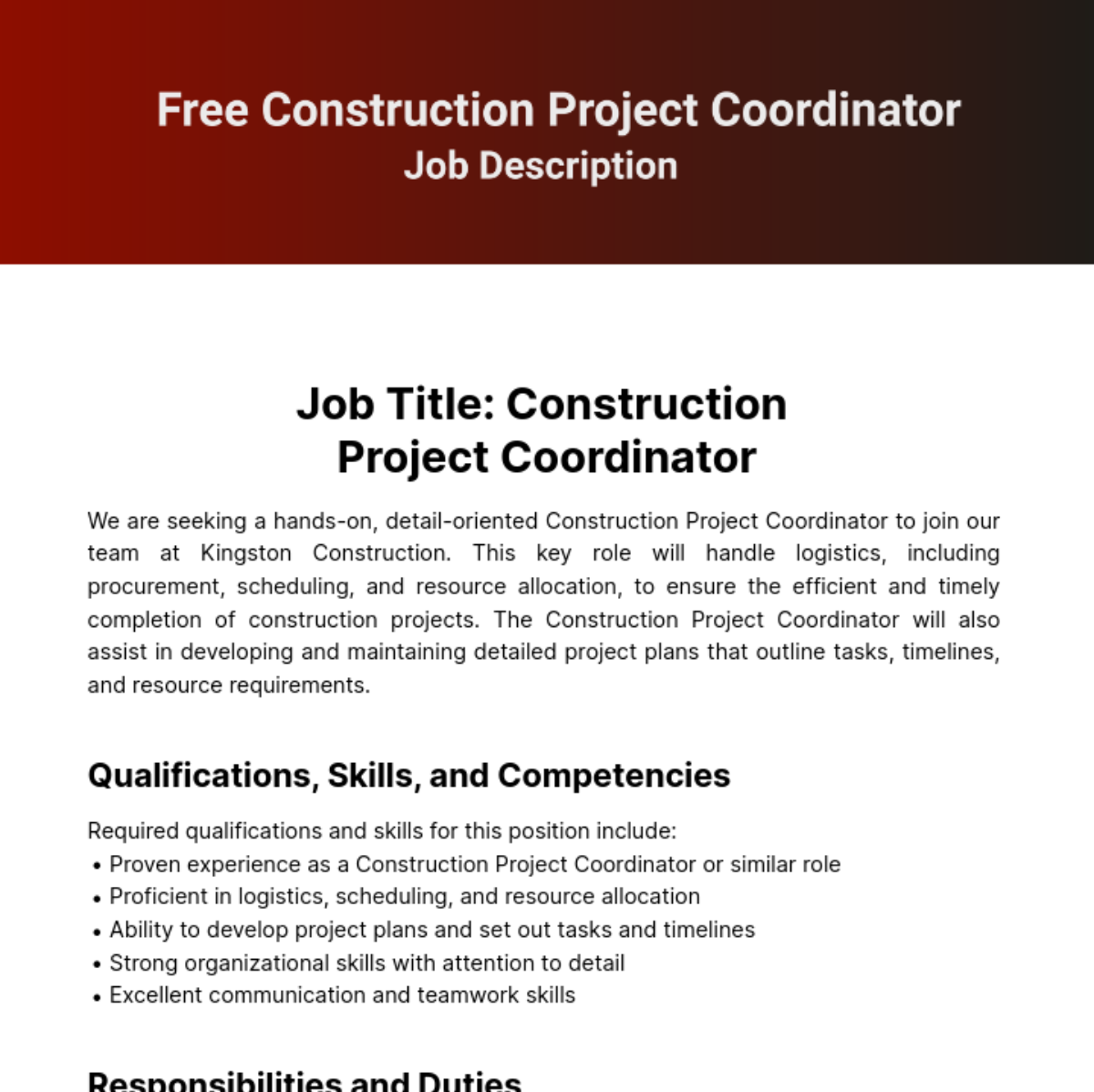 Construction Project Coordinator Job Description Template