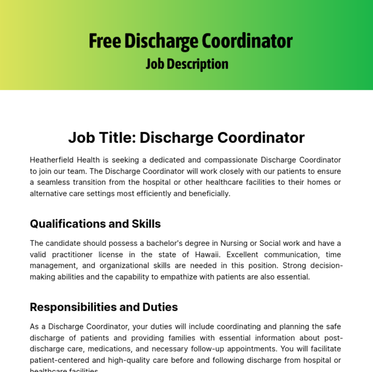 Discharge Coordinator Job Description Template