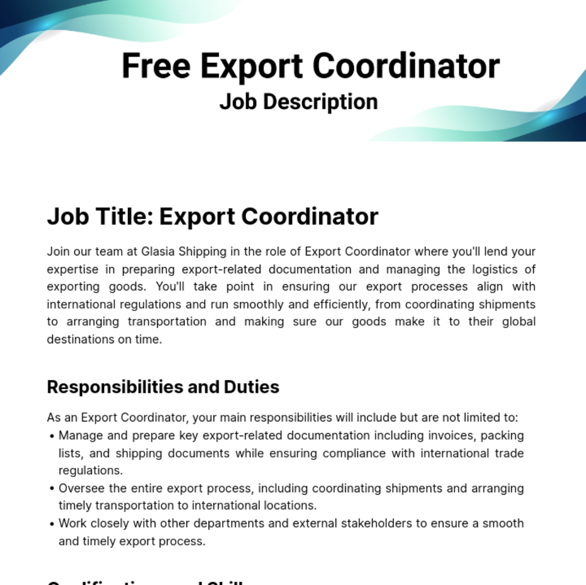 Export Coordinator Job Description Template