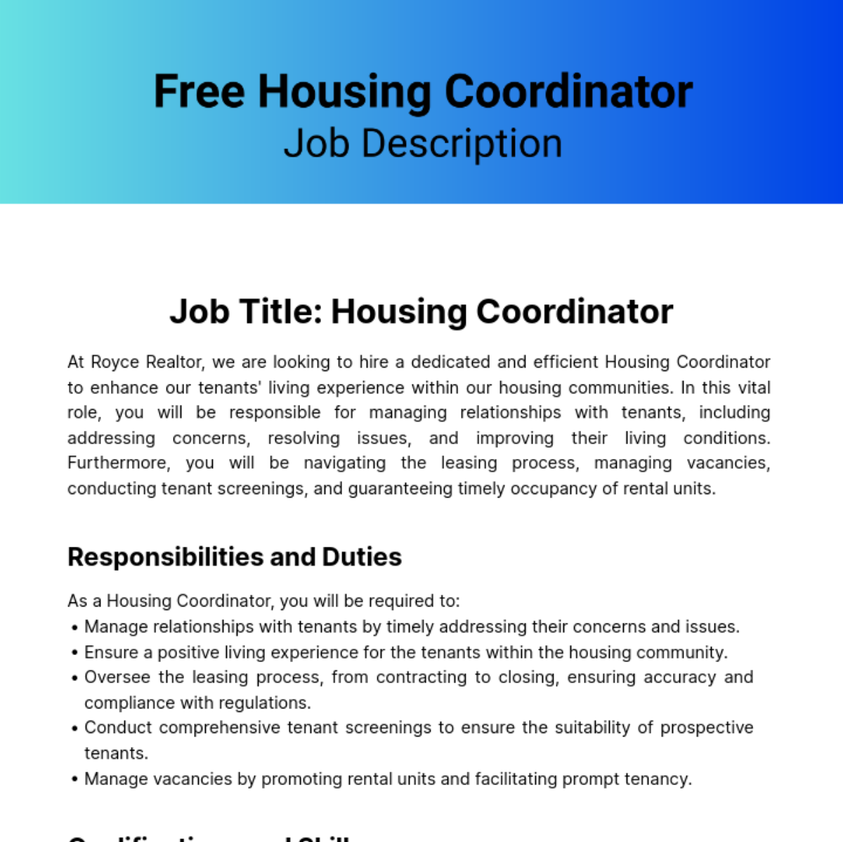 Housing Coordinator Job Description Template
