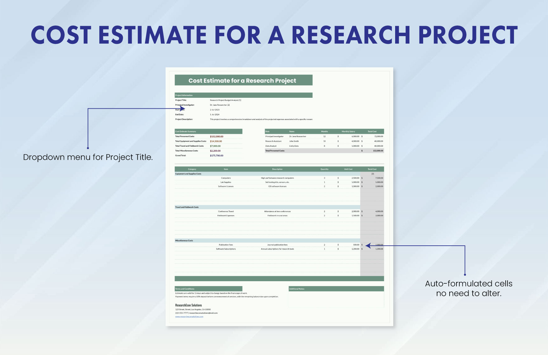 Cost Estimate for a Research Project Template