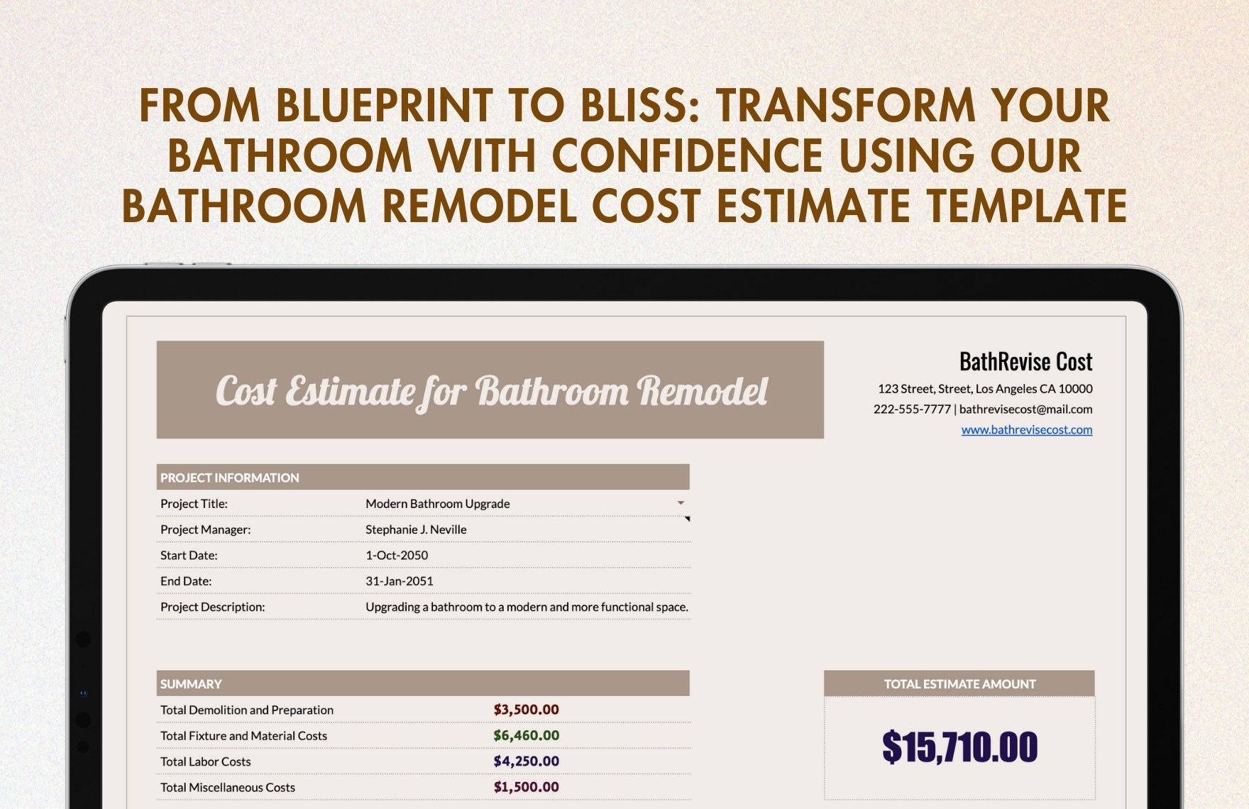 Cost Estimate for Bathroom Remodel Template