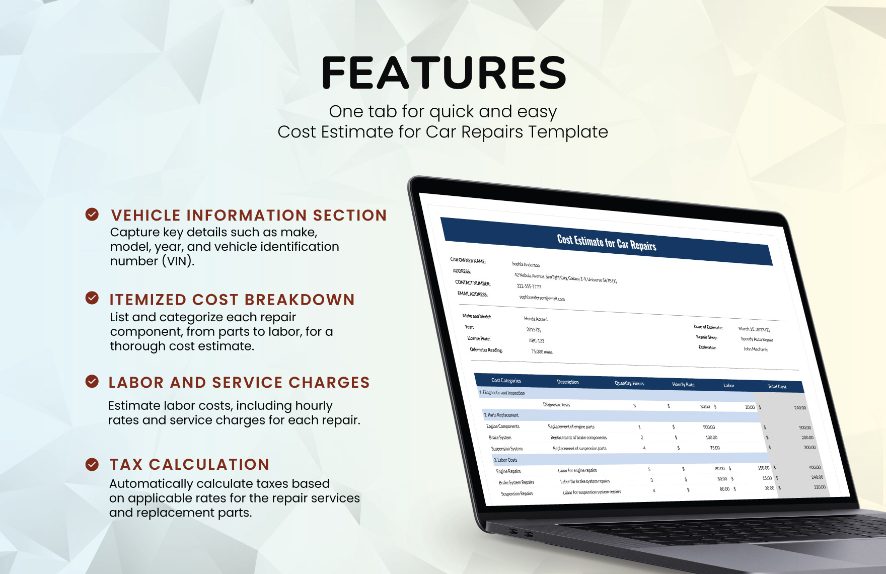 Cost Estimate for Car Repairs Template