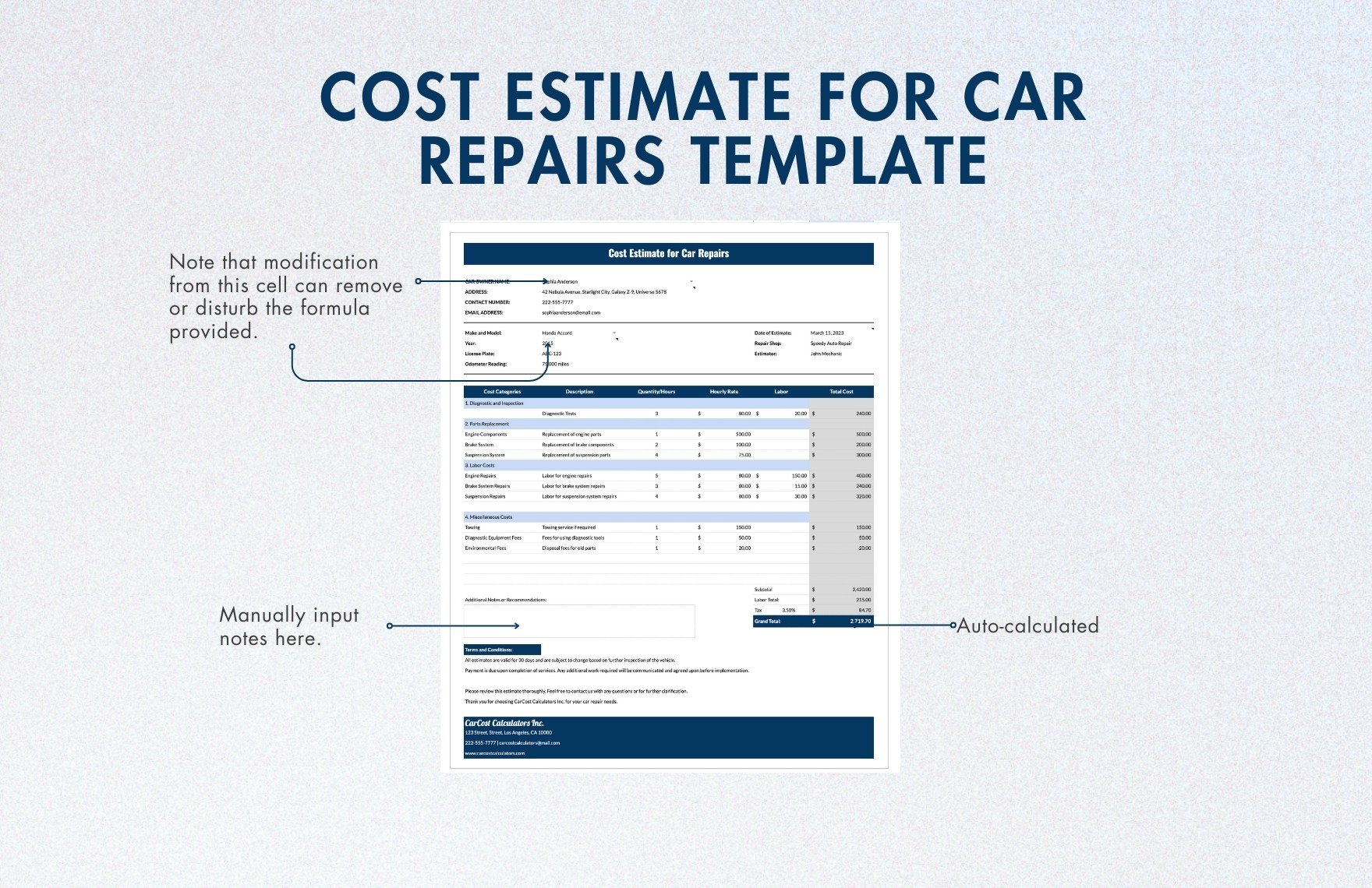 Cost Estimate for Car Repairs Template