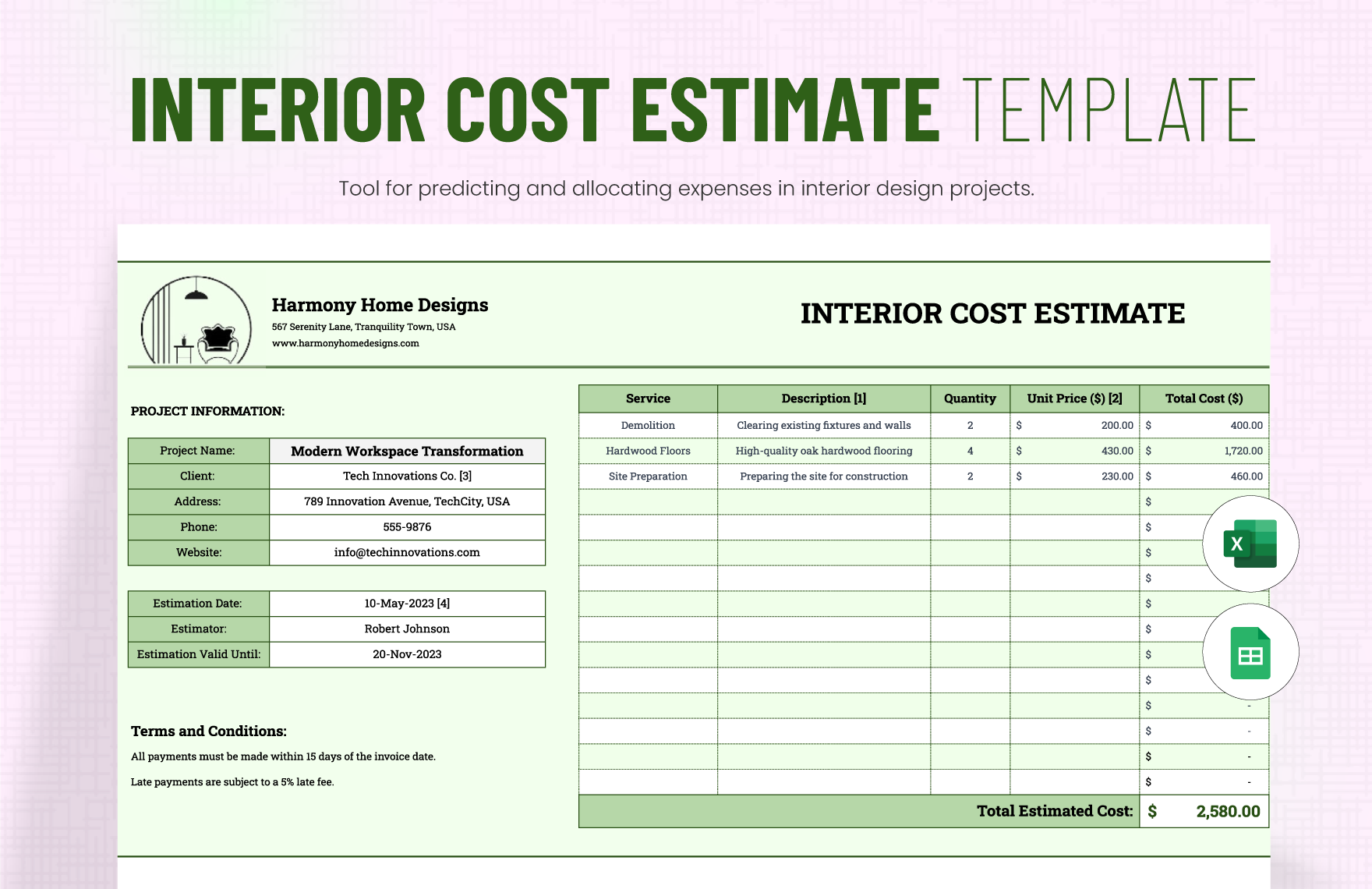 Interior Cost Estimate Template in Excel, Google Sheets