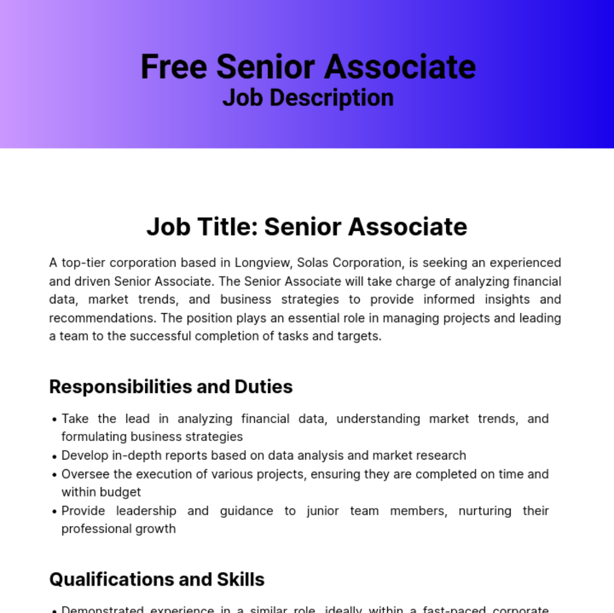 Senior Associate Job Description Template