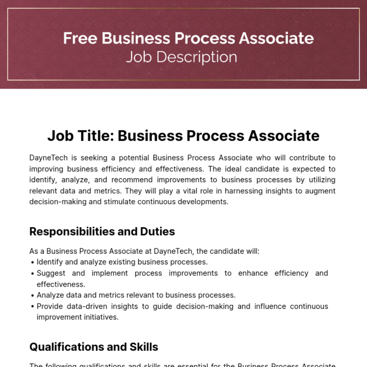 Business Process Associate Job Description Template