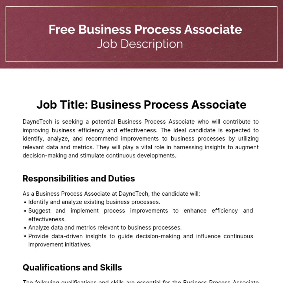 Free Business Process Associate Job Description Template Edit Online 
