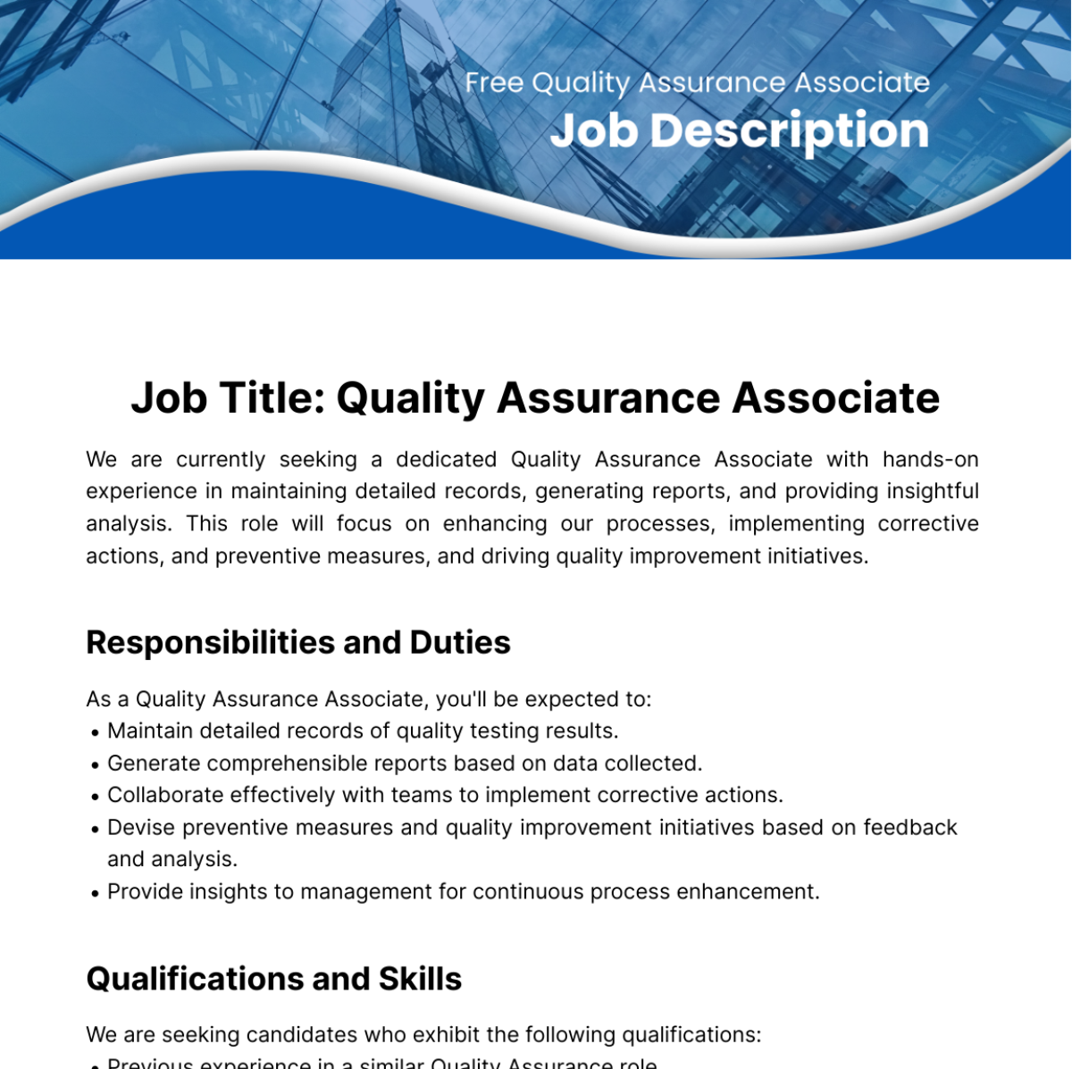 Quality Assurance Associate Job Description Template