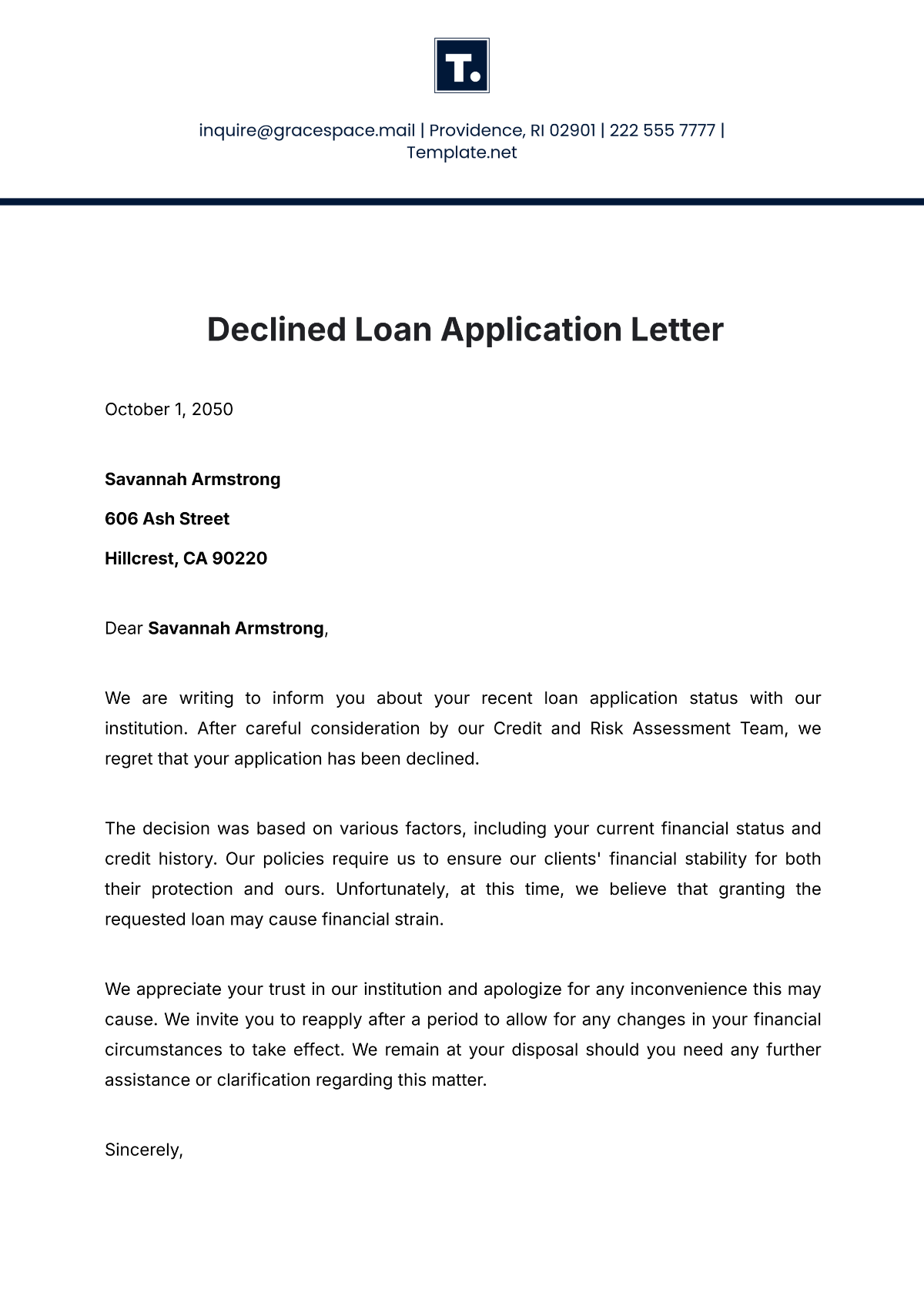 Declined Loan Application Letter Template - Edit Online & Download