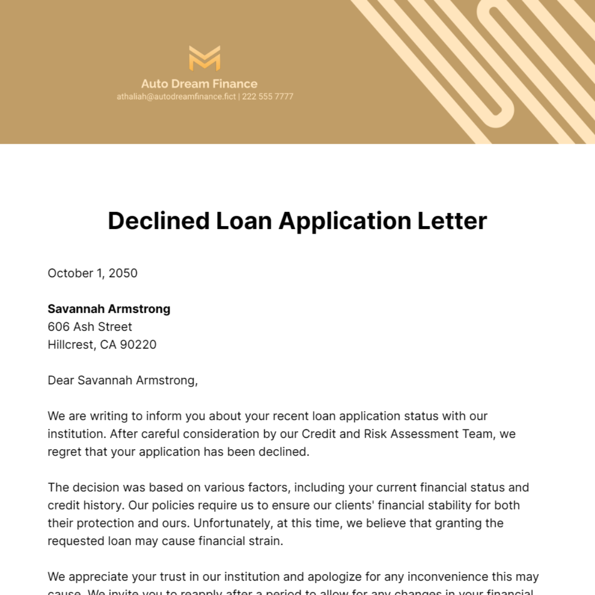 Declined Loan Application Letter Template