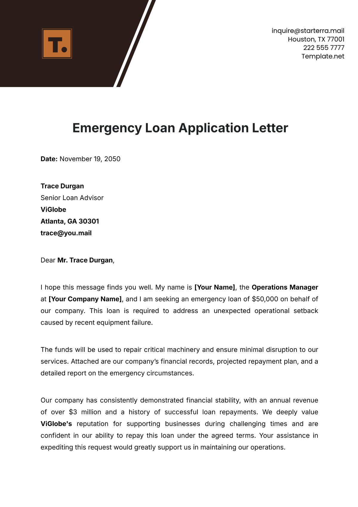 Emergency Loan Application Letter Template - Edit Online & Download