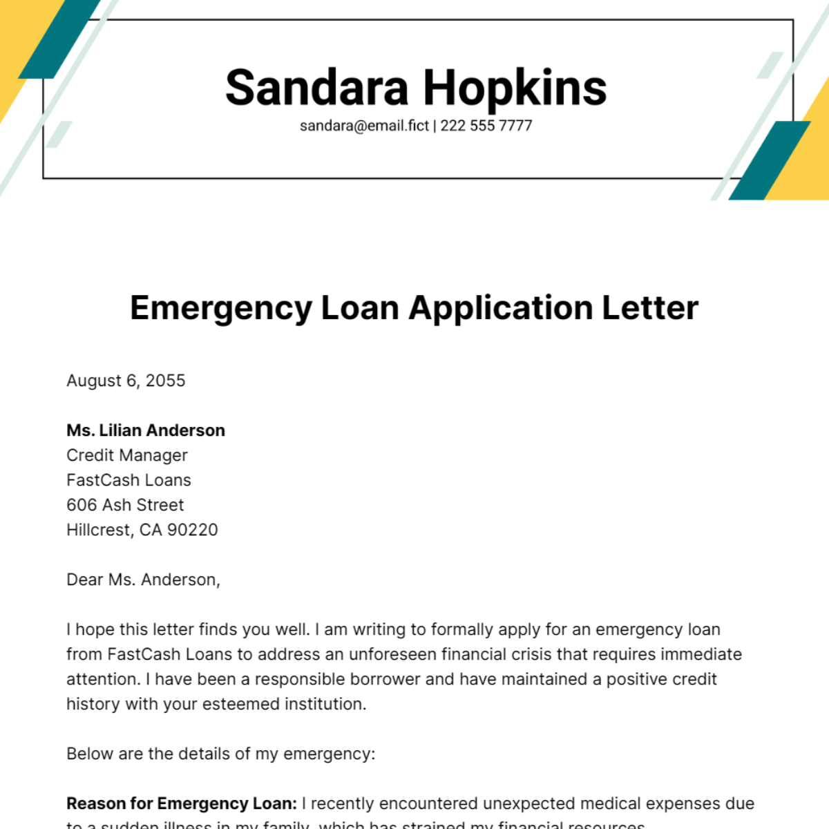 Emergency Loan Application Letter Template