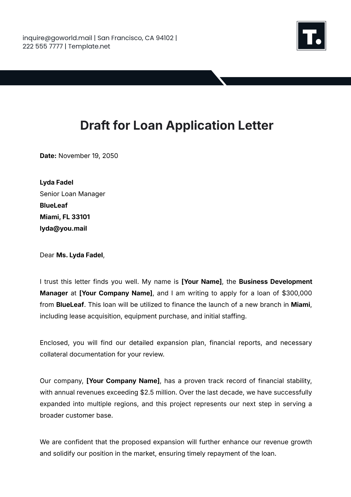 Draft for Loan Application Letter Template - Edit Online & Download