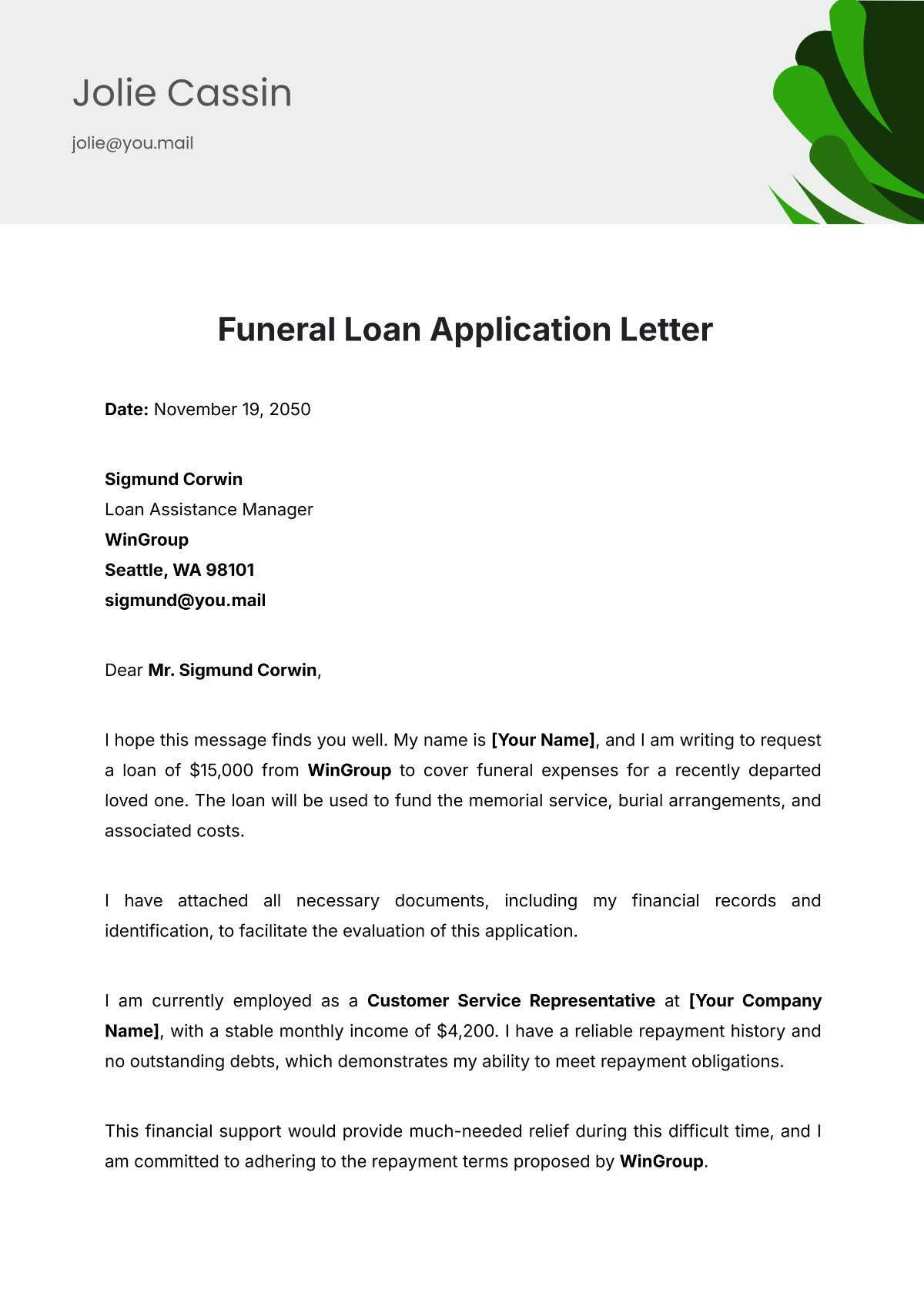 Funeral Loan Application Letter Template - Edit Online & Download