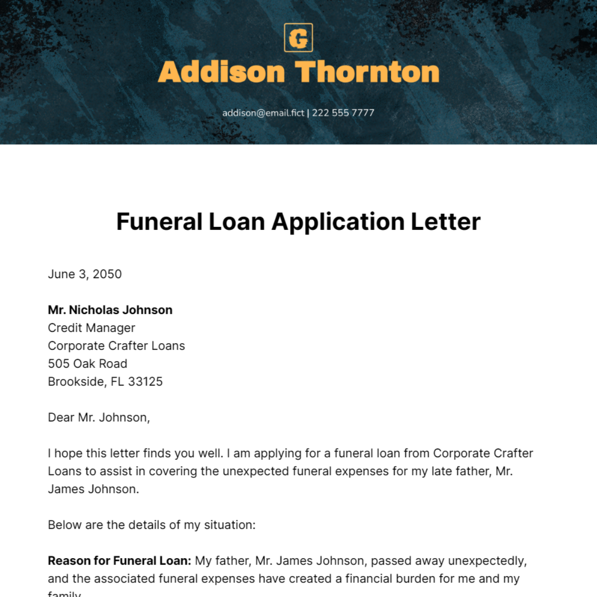 Funeral Loan Application Letter Template