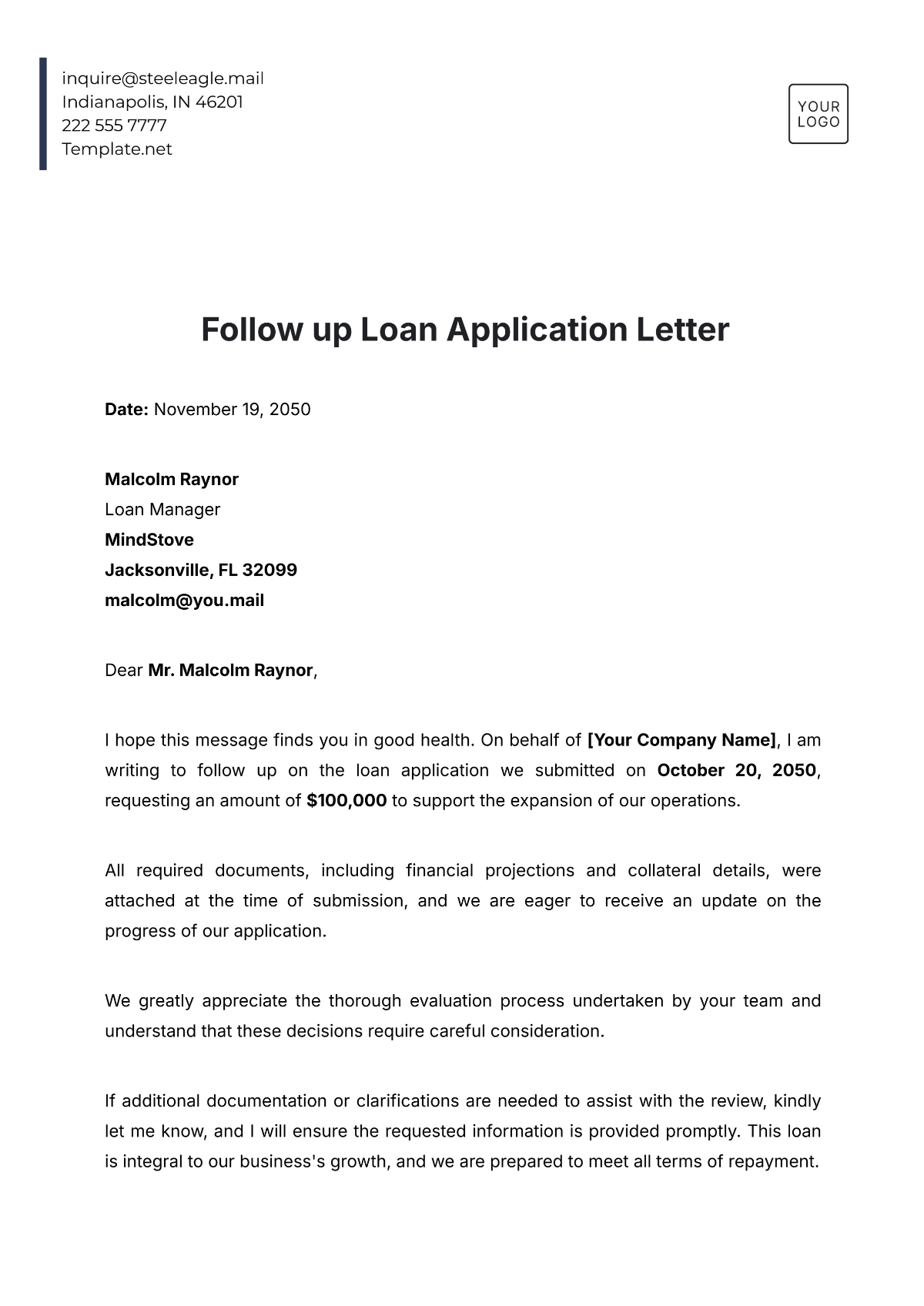 Follow up Loan Application Letter Template