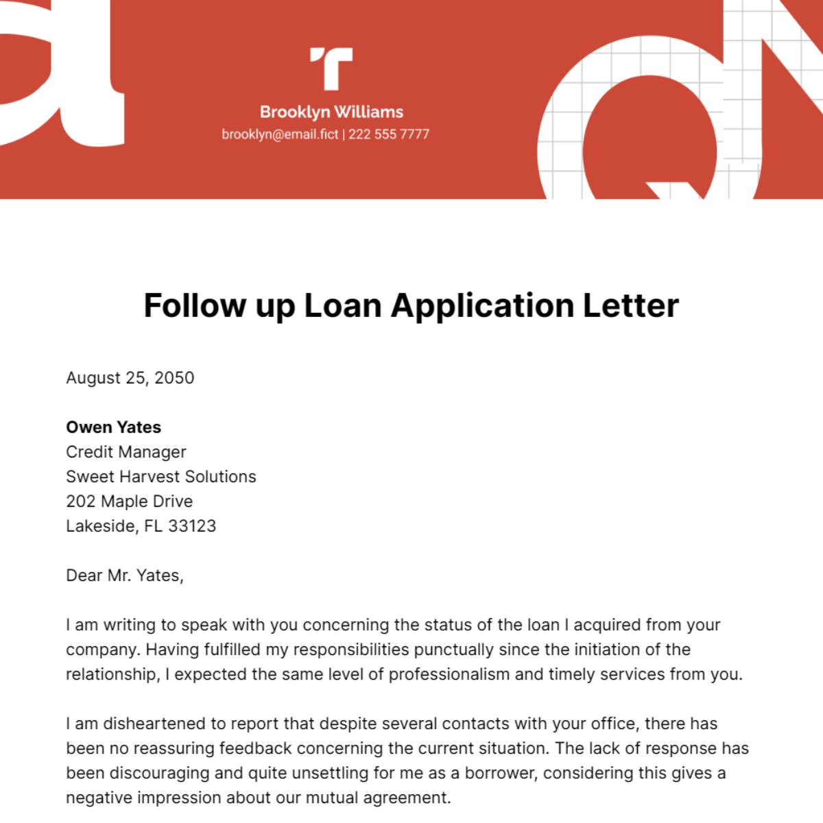 Follow up Loan Application Letter Template