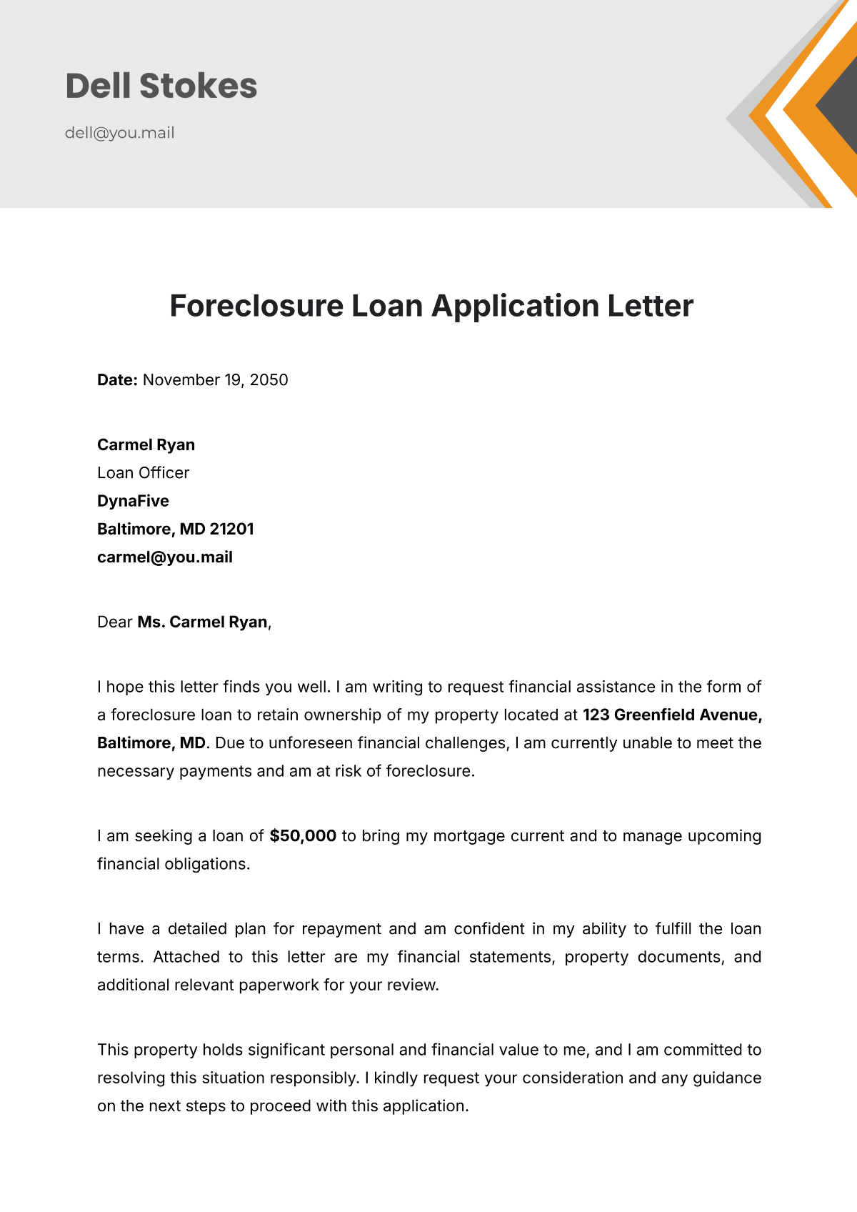 Foreclosure Loan Application Letter Template