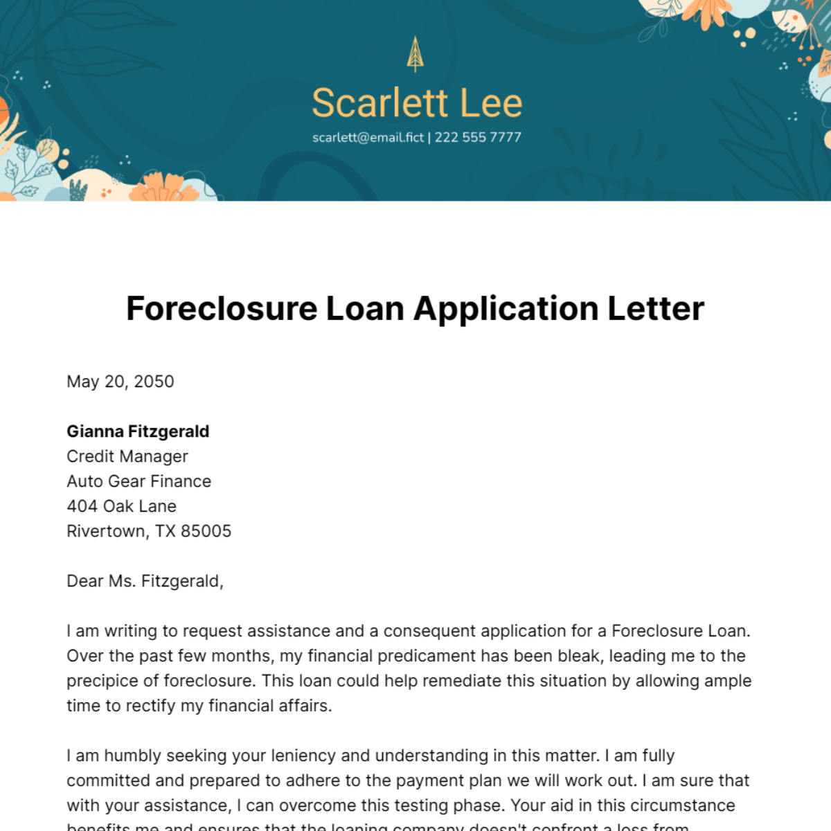 Foreclosure Loan Application Letter Template