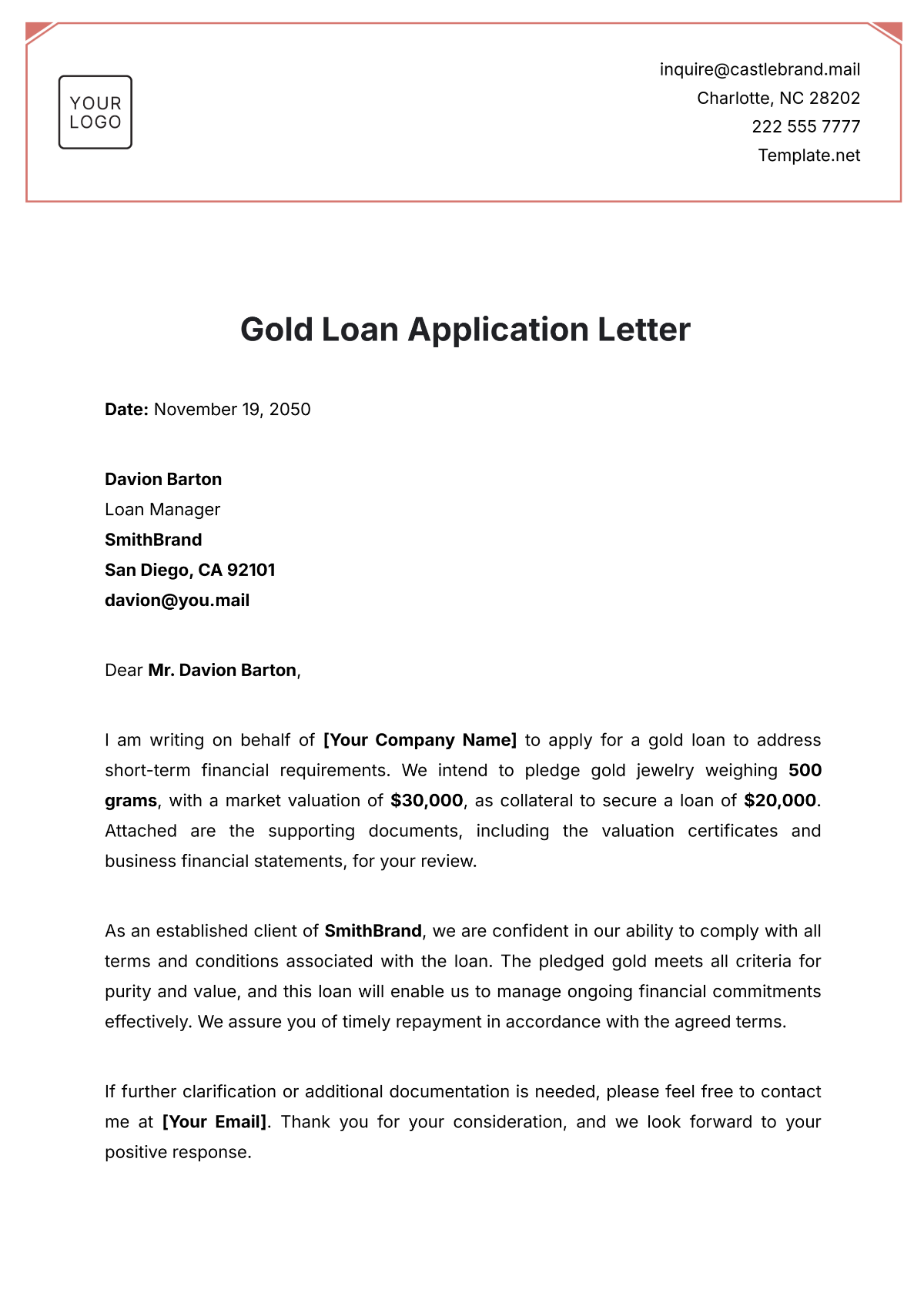 Gold Loan Application Letter Template