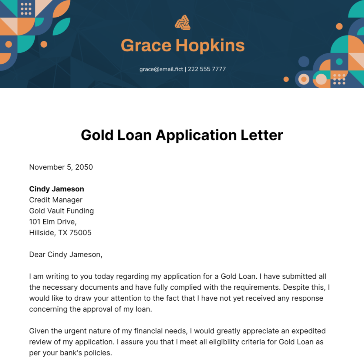 Gold Loan Application Letter Template