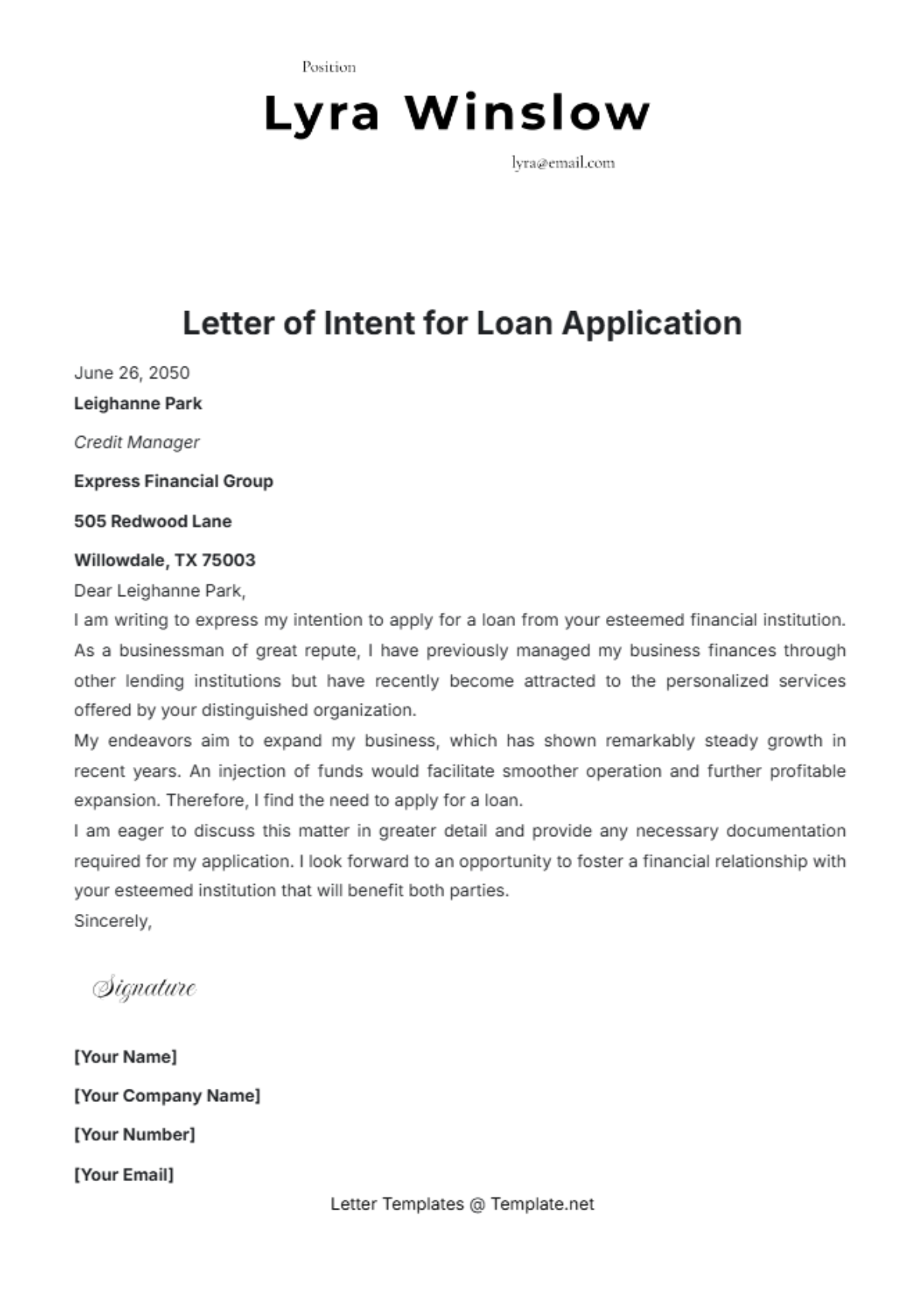 Letter of Intent for Loan Application Template