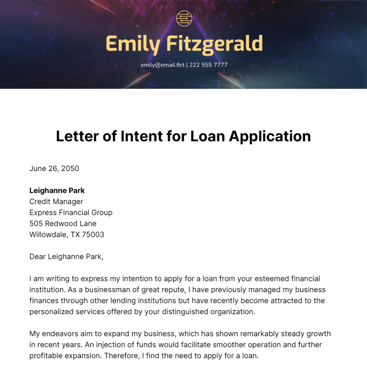 Letter of Intent for Loan Application Template