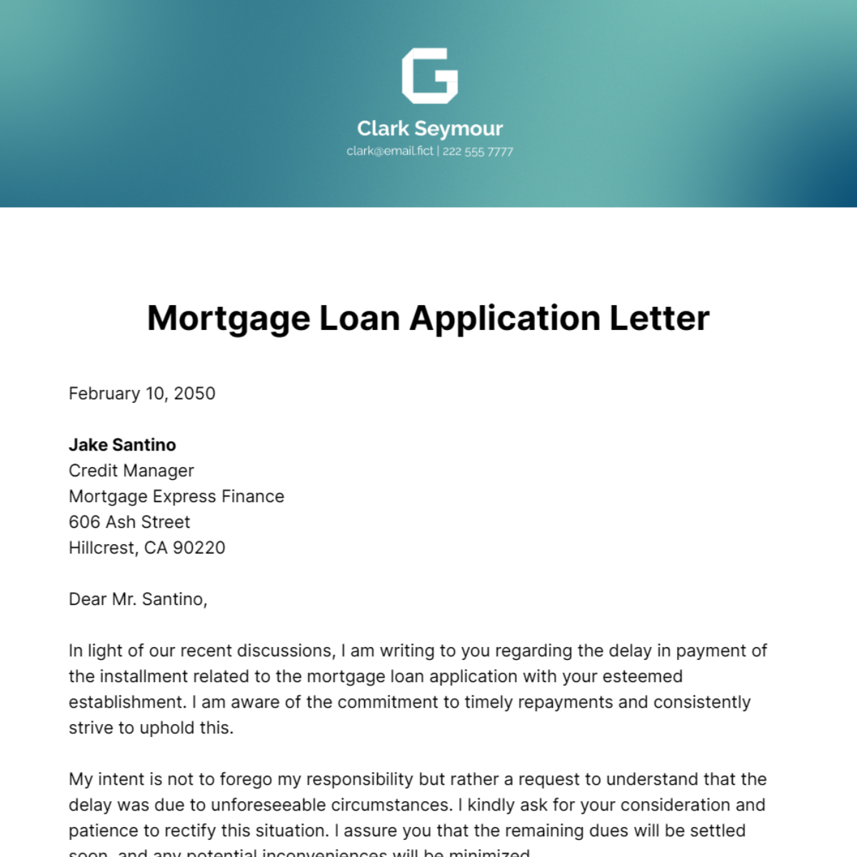Mortgage Loan Application Letter Template