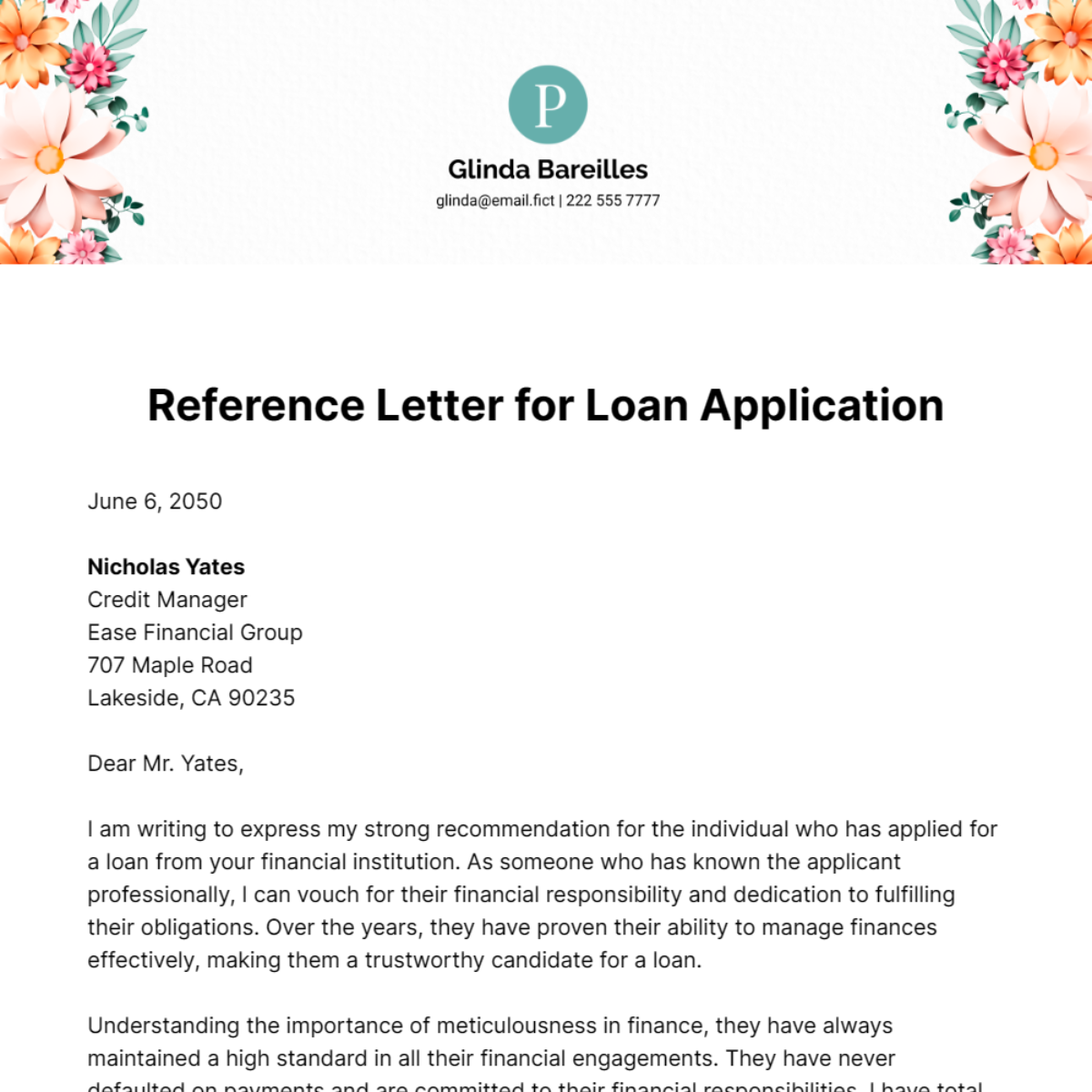 Reference Letter for Loan Application Template