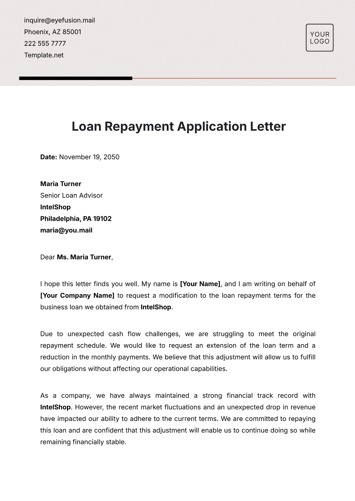 Loan Repayment Application Letter Template - Edit Online & Download