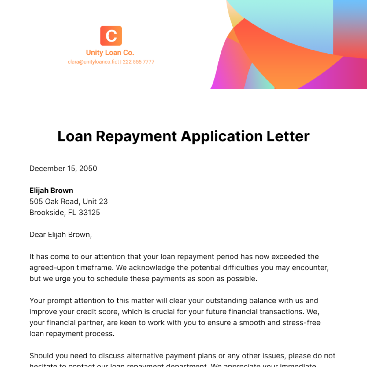 Loan Repayment Application Letter Template
