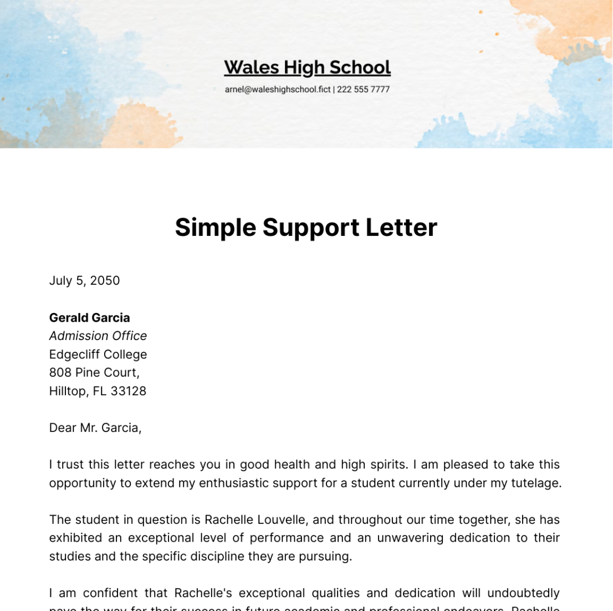 Simple Support Letter Template