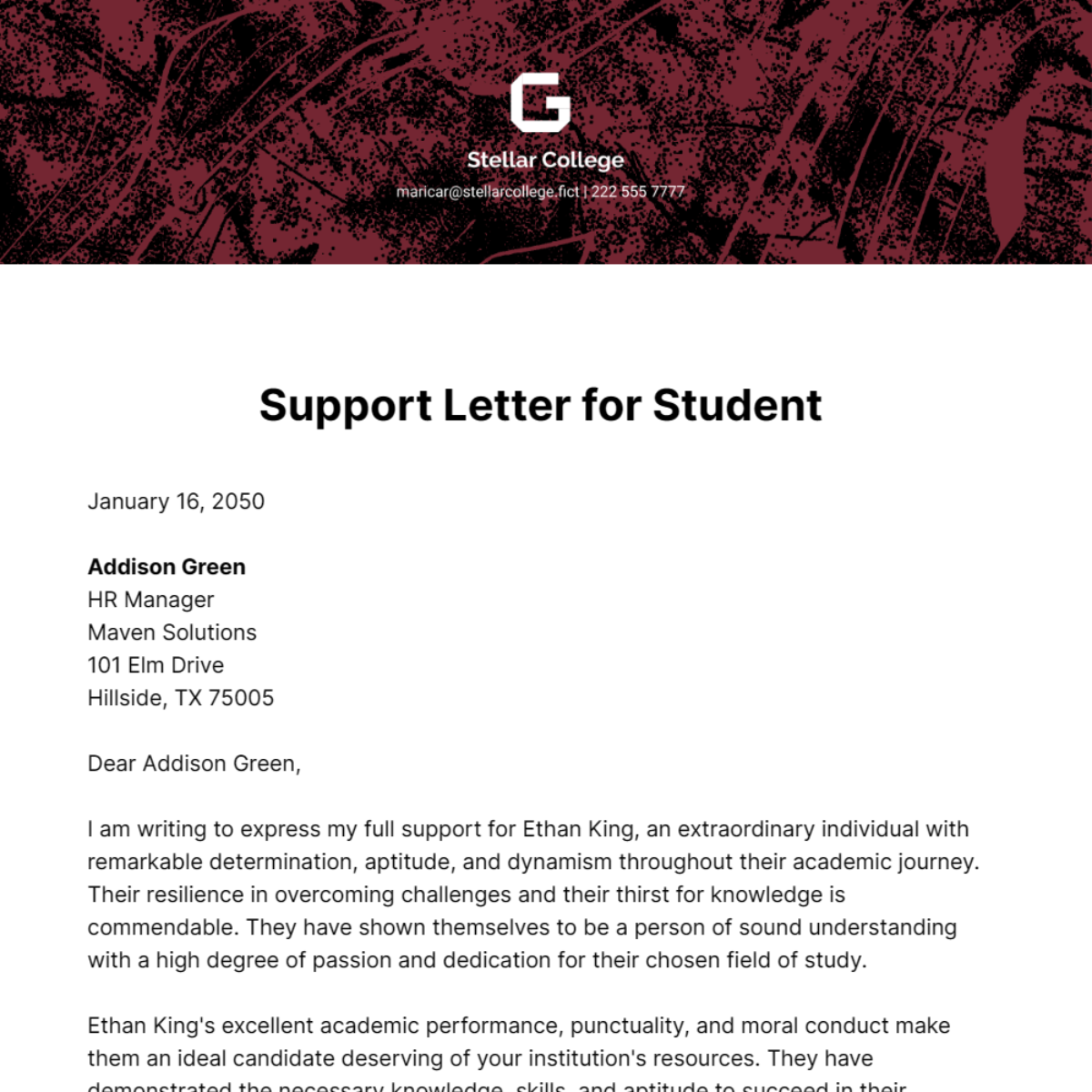 Support Letter for Student Template