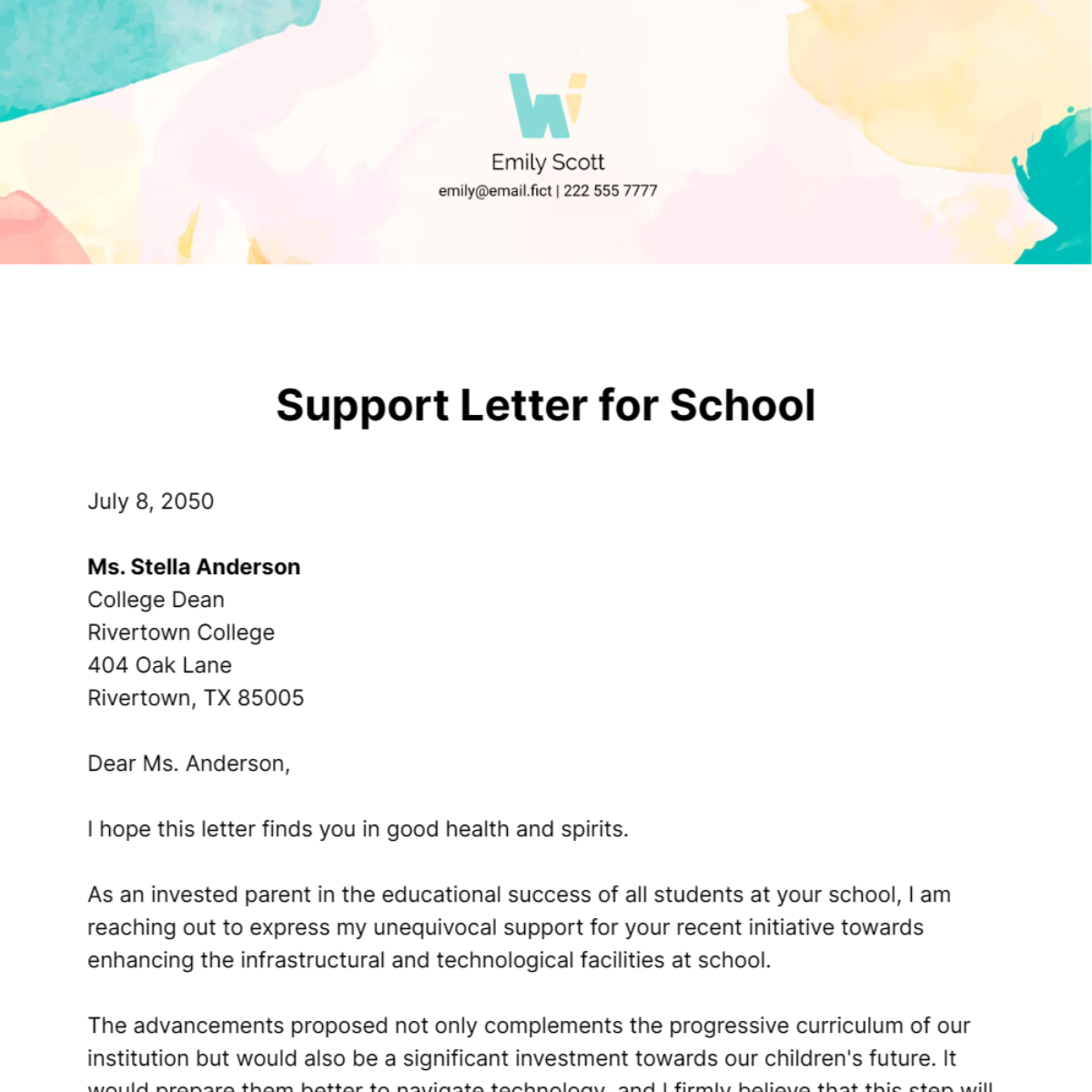 Support Letter for School Template