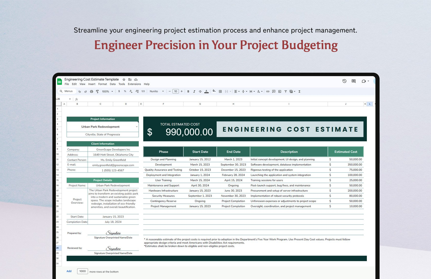 Engineering Cost Estimate Template