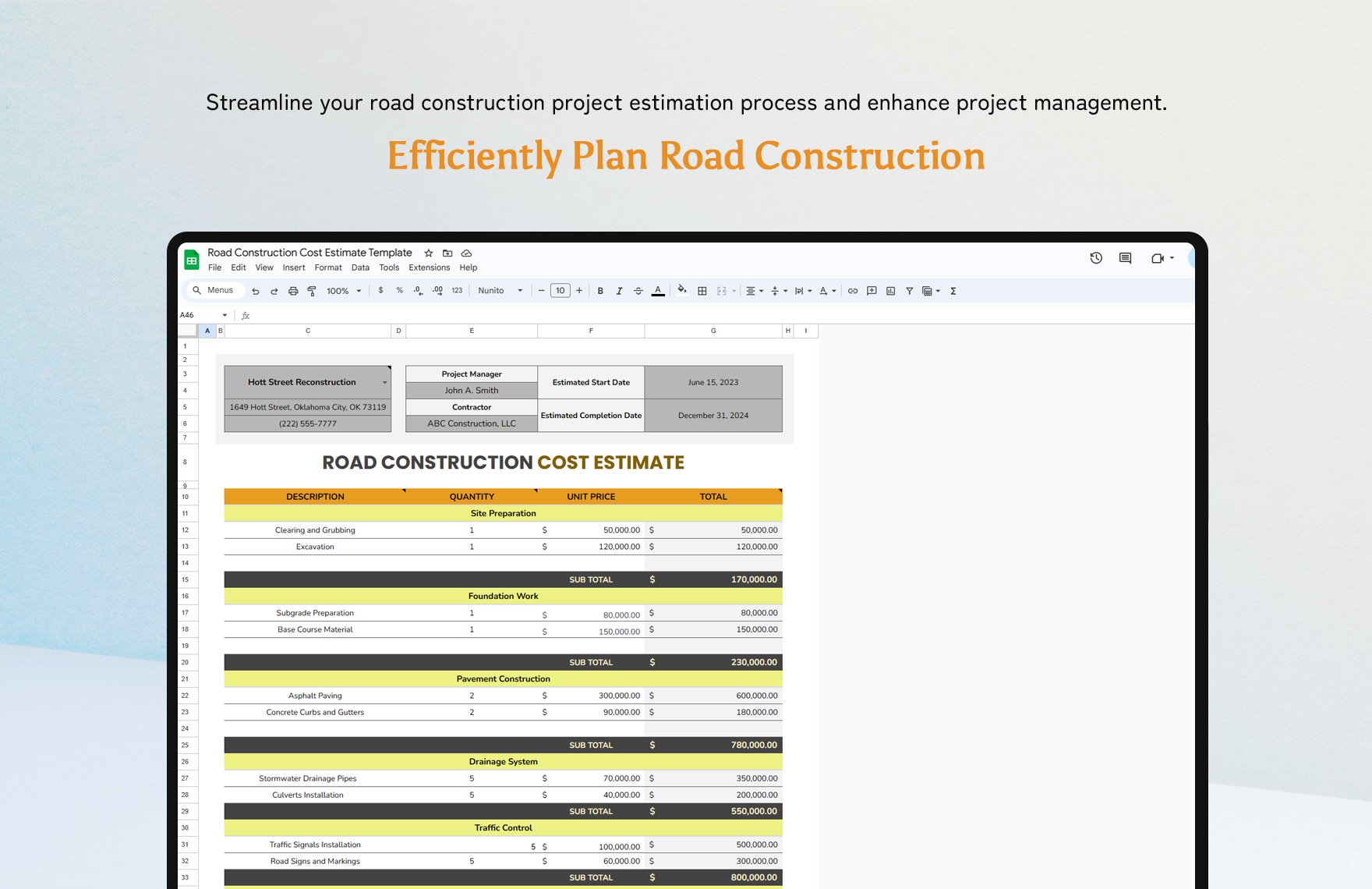 Road Construction Cost Estimate Template
