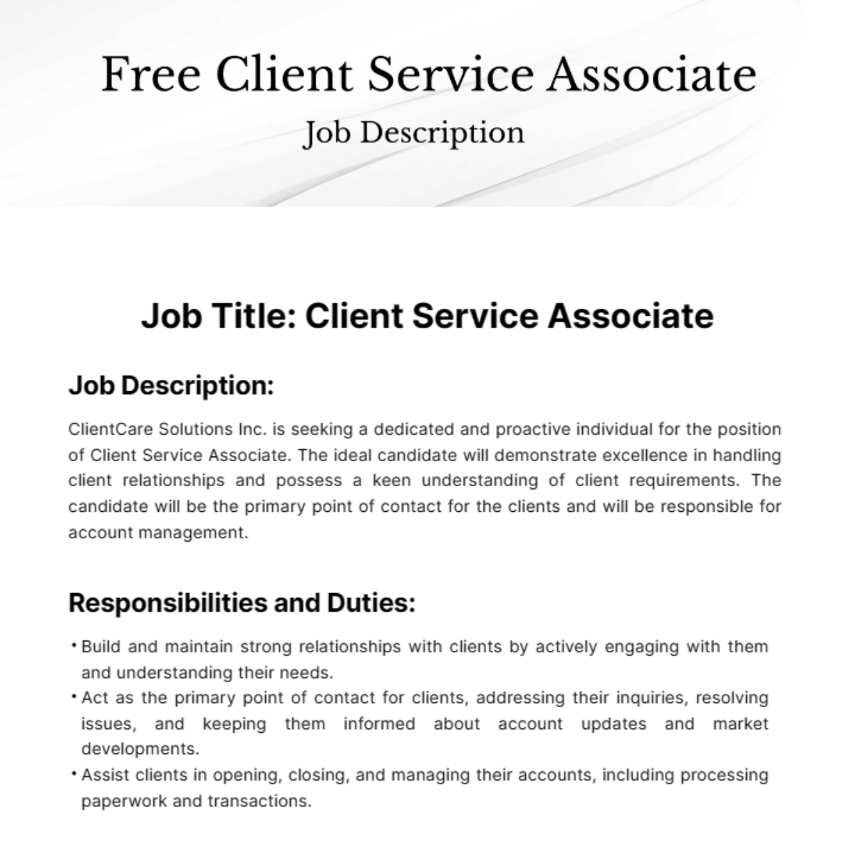 Client Service Associate Job Description Template