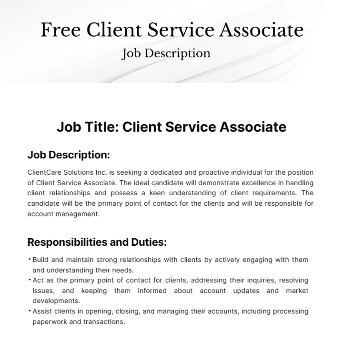 Client Service Associate Job Description Template - Edit Online & Download