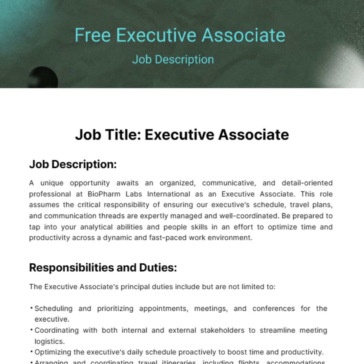 Executive Associate Job Description Template