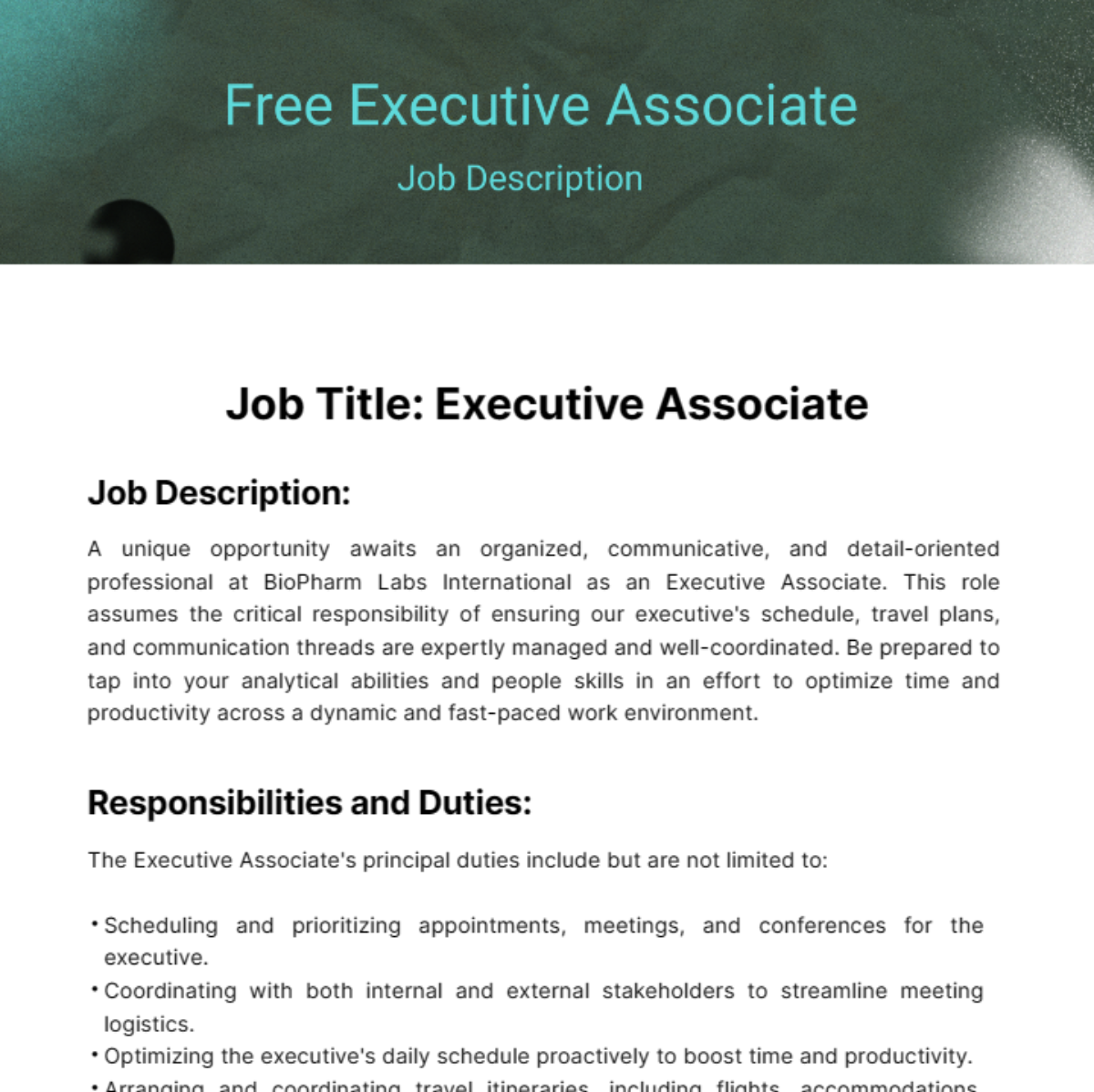 Executive Associate Job Description Template Edit Online Download 